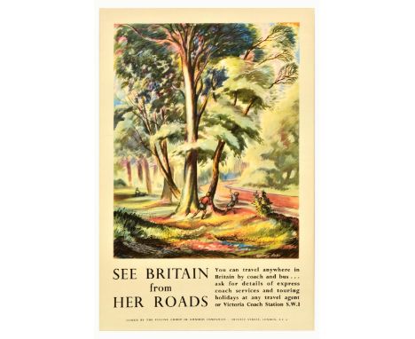 Original vintage travel poster See Britain from Her Roads featuring a great illustration depicting children playing under a l
