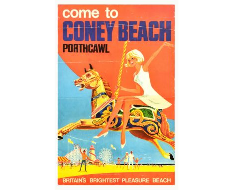 Original vintage travel advertisement poster - Come to Coney Beach Porthcawl Britain's brightest pleasure beach - featuring c