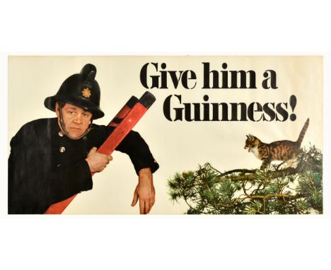 Original vintage drink advertising poster - Give Him a Guinness - great design depicting a sad fireman at the top of the ladd