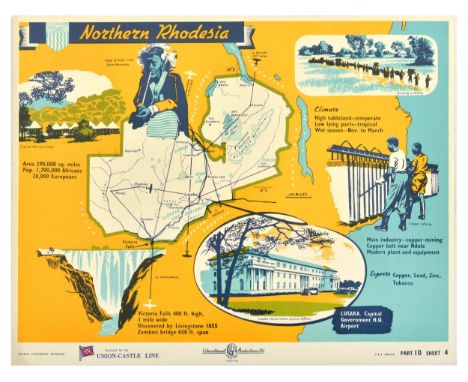 Original vintage travel poster for Northern Rhodesia with statistics on the area, population, climate, and images showing a t