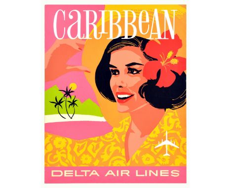 Original vintage travel poster issued by Delta Air Lines inviting visitors to visit the Caribbean featuring a colourful illus
