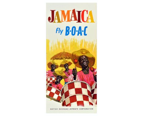 Original vintage travel advertising poster promoting BOAC flights to Jamaica, featuring a fun and colourful image for the Car