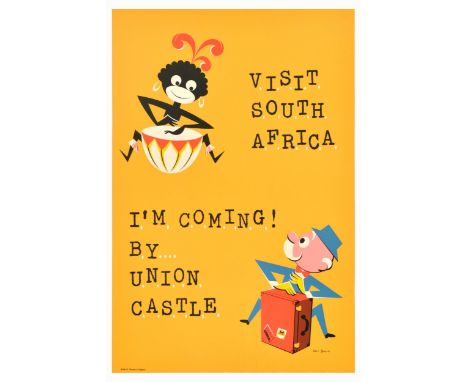 Original vintage travel poster advertising tours to South Africa with Union-Castle cruise line, the poster features a fun col