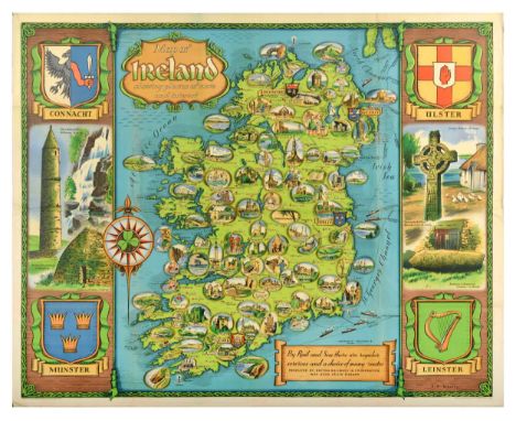 Original vintage travel poster featuring a Map of Ireland produced by British Railways in co-operation with Bord Failte Eirea