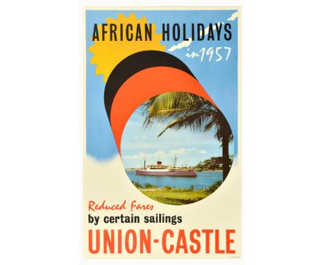 Original vintage travel poster advertising African Holidays in 1957 and Reduced Fares by certain sailings with Union-Castle c