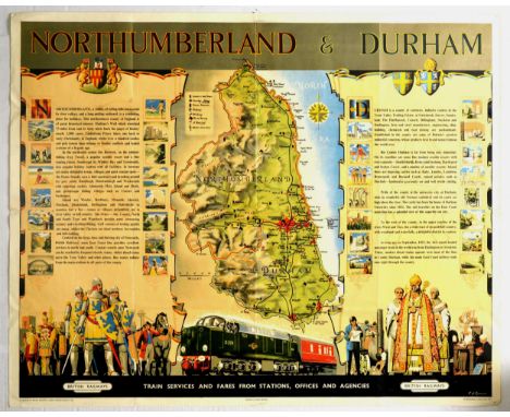 Original vintage British Railways travel poster featuring a map of Northumberland and Durham in the centre above a train with