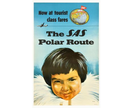 Original vintage travel poster - The SAS Polar Route - Now at tourist class fares - featuring an illustration of a smiling ch