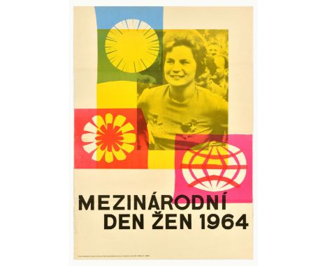 Original vintage propaganda poster commemorating the International Womens Day / Mezinarodni Den Zen, featuring a photograph o