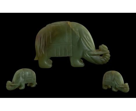 Chinese Carved Jade Elephant, with carved decoration, unmarked, length 6", height 3.5". 