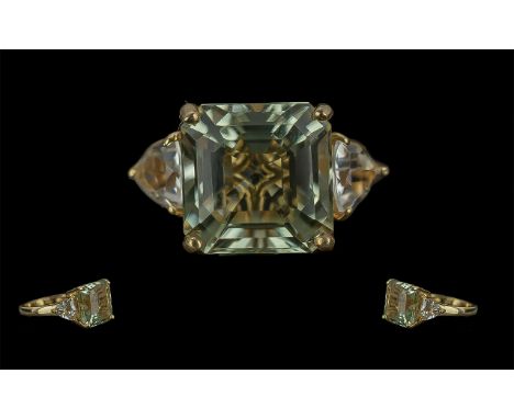 Asscher Cut Green Amethyst and White Topaz Statement Ring, size R, an 8ct square green amethyst, in the unusual Asscher cut w