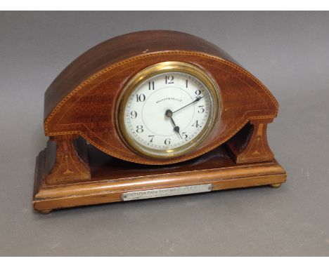 An Edwardian inlaid mahogany mantle clock, the dial signed 'Walker & Hall, hallmarked silver presentation plauqe to front, le