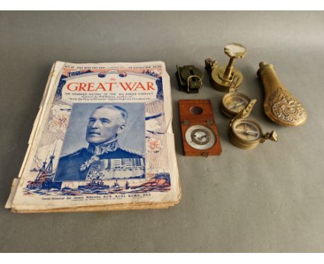 A collection of compasses to include a Victorian mahogany cased example, a green painted one, 3 brass examples together with 