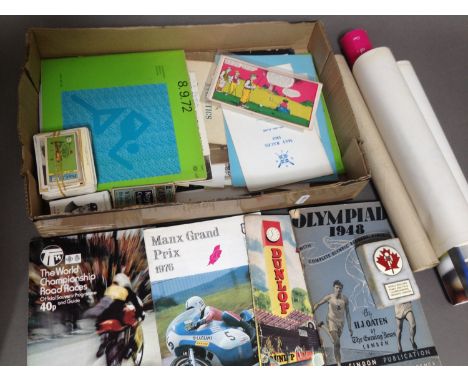 A box of sporting ephemera to include Olympics, various years, programmes, press photographs, cigarette cards, 3 posters, etc