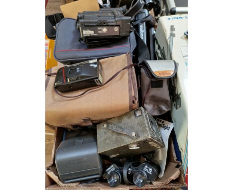 A box of cameras and accessories including a Canon Super-Macro AF video camera, a Nikon RF camera, a Butcher's Carbine No.2 b