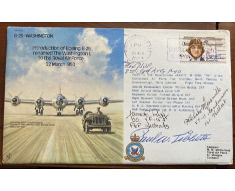 WW2 atom bomb pilot Brig Paul Tibbets signed B29 Washington cover. Rare variety also signed by US fighter aces James Rigg. Te