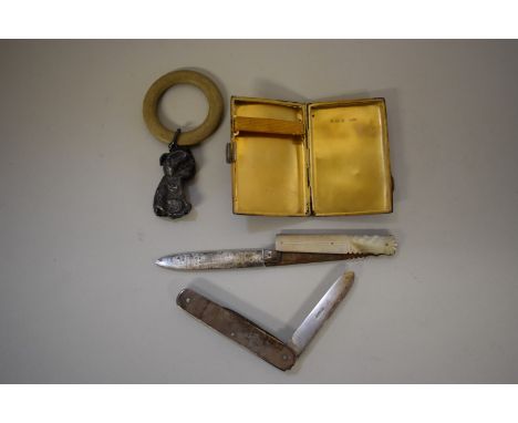 A silver engine turned cigarette case; together with a silver penknife; and two other items. (4) 