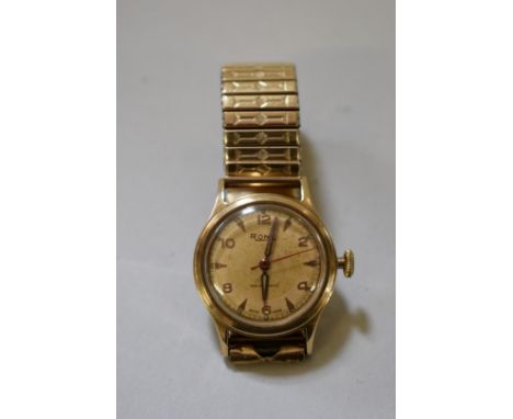 A Rone 9ct gold gentlemans manual wristwatch, cal 1058, 30mm case, hallmark Birmingham 1956, on later plated expanding bracel