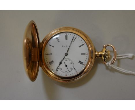 An Elgin gold plated hunter pocket watch, having engine turned case enclosing a 33mm signed white enamel dial decorated Roman