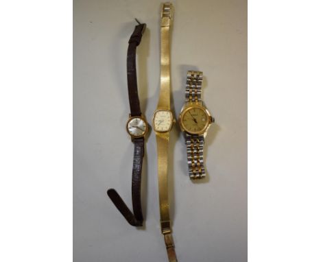 A Tissot PR100 stainless steel and gold plated ladies wristwatch; together with two vintage Tissot ladies manual wind wristwa
