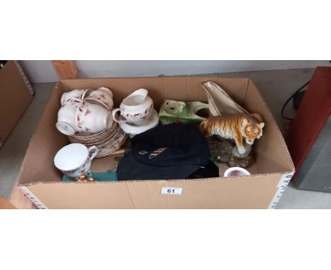 A vintage Bourne grammar school cap &amp; a box of mixed china including tea set etc 