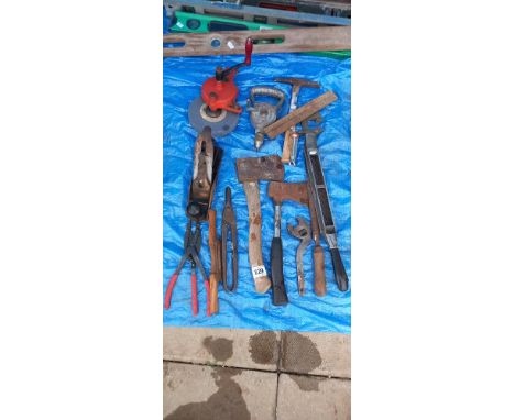A mixed box of workshop tools including an Axe, Snips, Trimmers etc