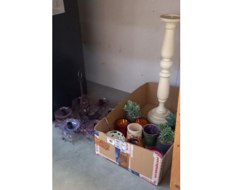 An Amethyst glass 5 arm chandelier &amp; A box of tea light holders 