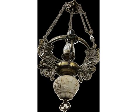 An electric brass oil lamp style chandelier with ceramic style base featuring Cherubic children