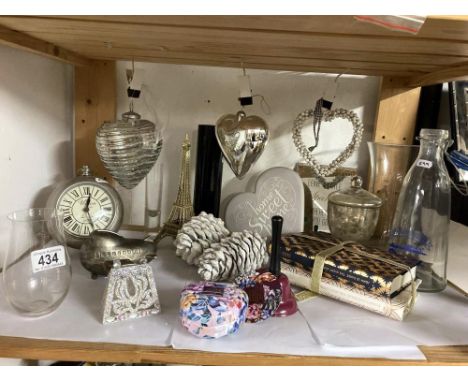 Collection of decoraive items, glass hearts, white metal clock, M&amp;S plaque, Heathcote &amp; Ivory soap 