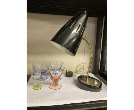 A vintage Pifco angle lamp and 4 coloured glass dishes/glasses 
