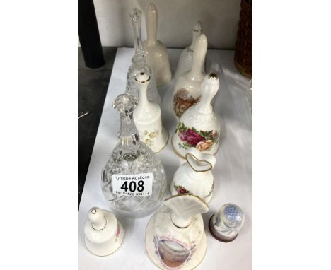 selection of 10 Ceramic and glass bells (1 x old country roses) plus hand decorated thimble 