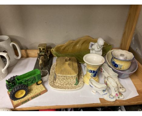 2 Witton leaf dish, butter dish, John deere tractor &amp; 3 dinka shoes 