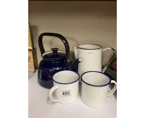 A blue enamel kettle jug &amp; 2 mugs 
