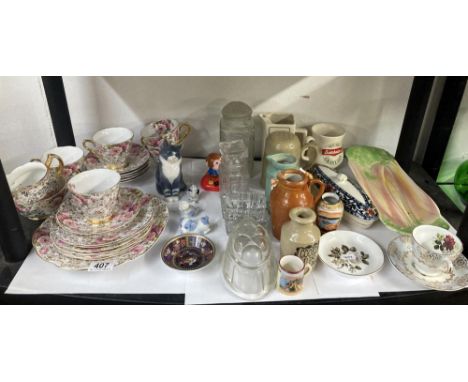 a selection of ceramics and glass garden house part tea set plus jusgs jelly mold and ceramic cats 