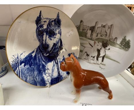 2 English Bulldog collectors plates &amp; Pottery boxer dog 