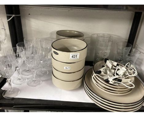 Omakase Stone ware bowls and plates, assorted glasses and clip on hooks 