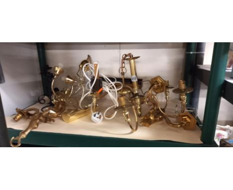 A collection of Light fittings, 2 brass chandeliers, 2 heavy wall sconces &amp; two others plus 2candlesticks 