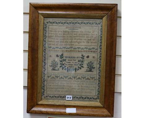 A George IV needlework sampler, worked by Harriet Tryst, October 10th 1822, Fox Cottage School, maple framed 43 x 30cm excl. 
