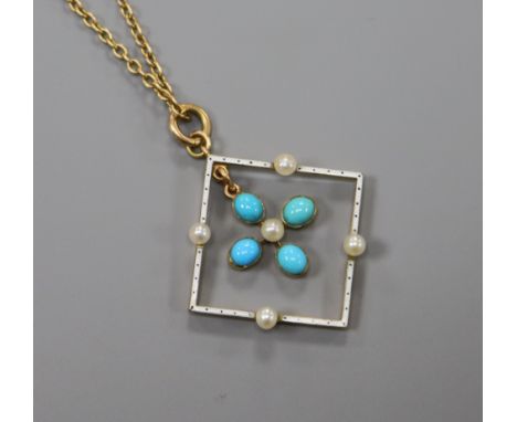 An Edwardian 15ct gold, enamel and turquoise set openwork pendant, on a 15ct gold chain, pendant 27mm.