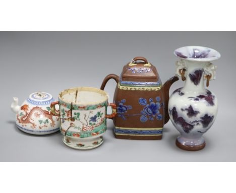 A Chinese kangxi famille verte pot, a Yixing teapot, a 'dragon' teapot and a Jun type vase tallest 22cm (pot a.f.)