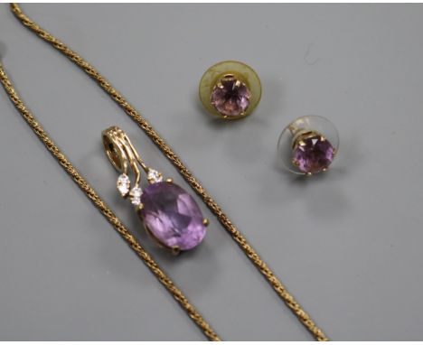 A yellow metal, amethyst and diamond pendant, a pair of amethyst earrings and a 9ct gold chain (a.f.).