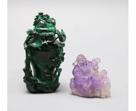 A Chinese malachite snuff bottle and a Chinese amethyst quartz group of Li Bai