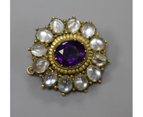 A late Victorian yellow metal, amethyst and moonstone set circular pendant brooch, 31mm.
