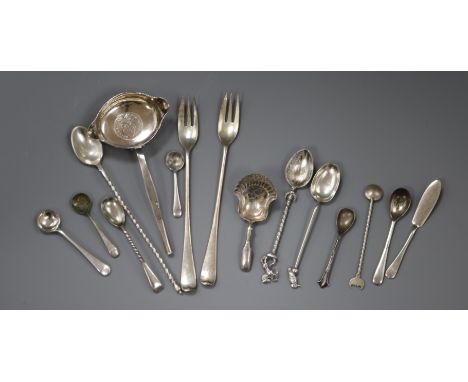 Assorted silver and other flatware including George III silver caddy spoon.