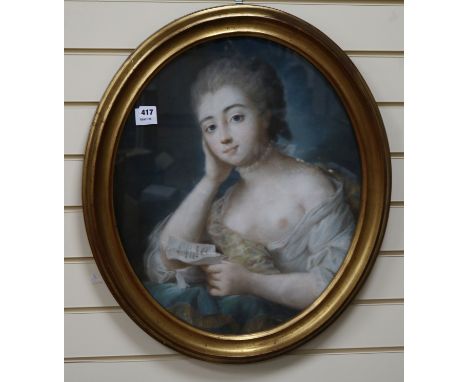 French School, pastel, Portrait of a lady holding a letter, 58 x 48cm