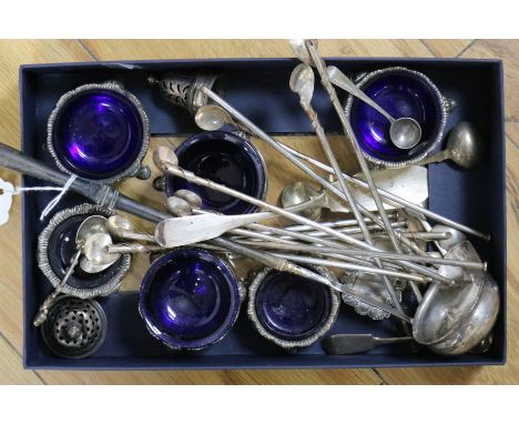 A mixed group of silver and white metal items including condiments, toddy ladle, cocktail implements, condiment spoons etc.