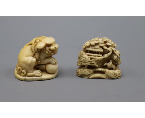 A Japanese ivory netsuke of a shi shi, signed Gyokuyosai and an ivory netsuke of a figure in a house