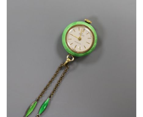A Swiss silver gilt and enamel Nadine fob watch on gilt metal and enamel chain.