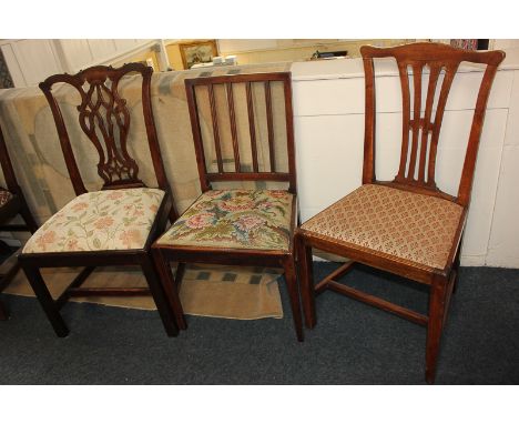 A Chippendale style mahogany dining chair, with ribbon pierced back splat and drop in seat, together with two other mahogany 