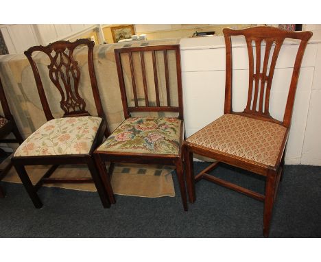 A Chippendale style mahogany dining chair, with ribbon pierced back splat and drop in seat, together with two other mahogany 