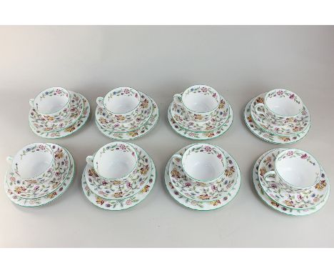 A Minton porcelain Haddon Hall pattern part tea set comprising eight tea plates, eight saucers and eight teacups